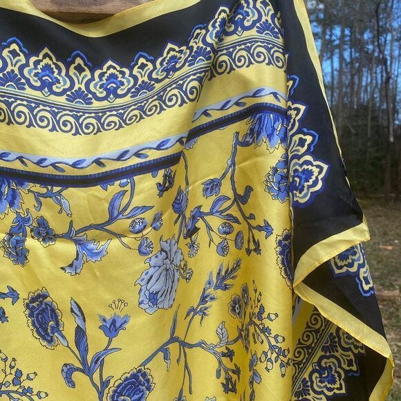 Talbots Satin Yellow Blue Vintage Floral Square Scarf - Picture 5 of 6